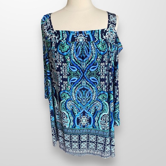 Avenue Woman's Size 26 / 28 Top Shirt Cold Shoulder Stretchy Slinky Flowy - Picture 3 of 7